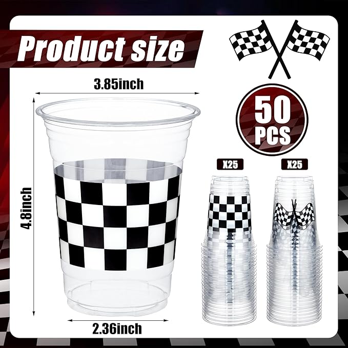 peony man 50 Pcs Checkered Racing Party Plastic Cups 16 oz White Black Checkered Flag Clear Cup Disposable Race Car Drinking Cups for Race Car Sports Themed Birthday Party Favors Supplies