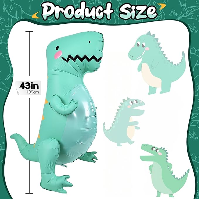 43" Large 3D Dinosaur Balloon for Party Decorations, Cute Giant Self Standing Inflatable Dinosaur Balloons, Dino Foil Balloons for Kids Jungle Dino Themed Baby Shower Birthday Party Decor Supplies