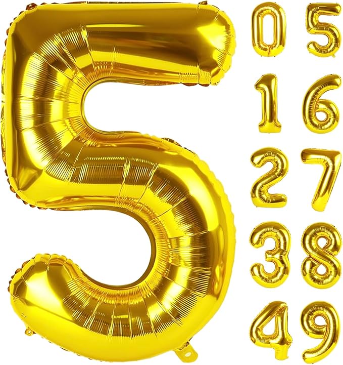 Gold 40 Inch Large Number 5 Birthday Balloon, Five 5th 15 25 35 50 55 Birthday Celebration Decorations, 2025 Foil 5 Mylar Helium Number 5 Balloons Girl Boy Anniversary Party Supplies