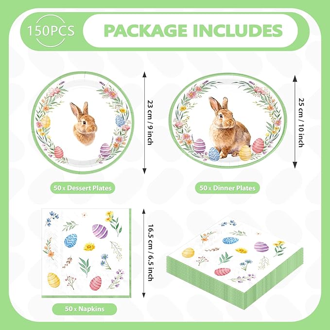 150Pcs Easter Bunny Party Decorations Easter Bunny Eggs Heavy Duty Large Oval Paper Plates and Napkins Spring Disposable Tableware Set for Rabbit Holiday Baby Shower Birthday Party Supplies Serves 50