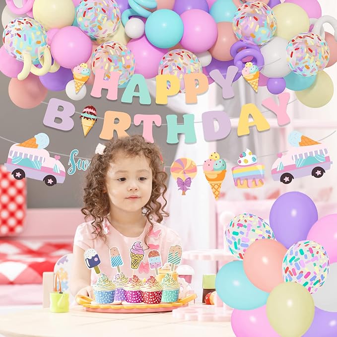 75Pcs Ice Cream Birthday Party Decorations for Girls Kids, Pastel Ice Cream Balloon Garland Arch Kit First Two Sweet Birthday Banner Foil Sprinkle Long Twist Balloons Cupcake Toppers Party Supplies