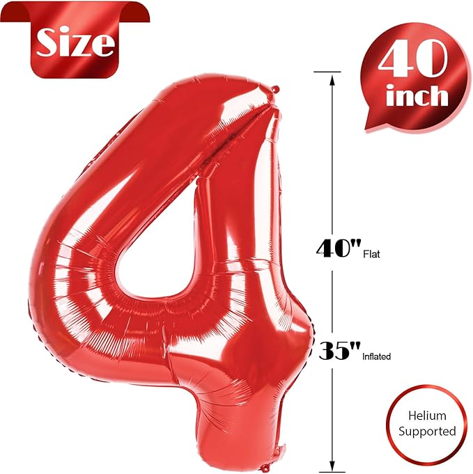Red 4 Balloon, Number Balloon 40 Inch for 4th Red Party decorations, Four Large Numbers for Party Decor, Number 4 Balloon