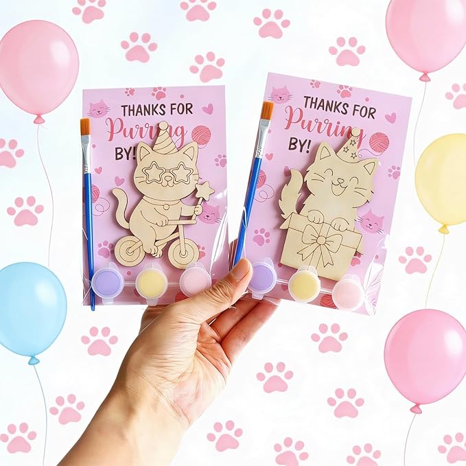12 Pack Cat Party Favors for Kids - Individually Wrapped Paint Your Own Wooden Magnet Kits, Cute Pink Kitten Themed Party Supplies for Girls