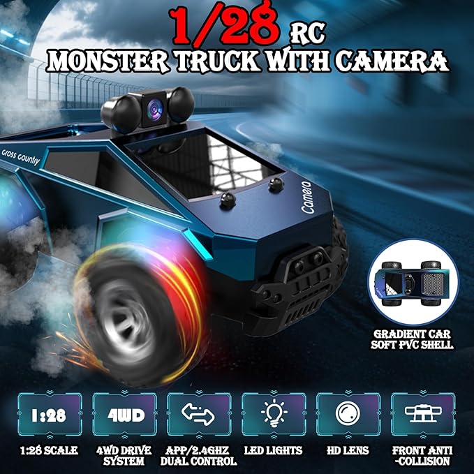 RC Car with Camera, 1/28 RC Monster Truck Toys with 720P HD FPV Camera, High Speed All-Terrain Remote Control Car, Racing Vehicle with Blinking Body Lights for Adults, Kids, Boys, Dual Control Modes