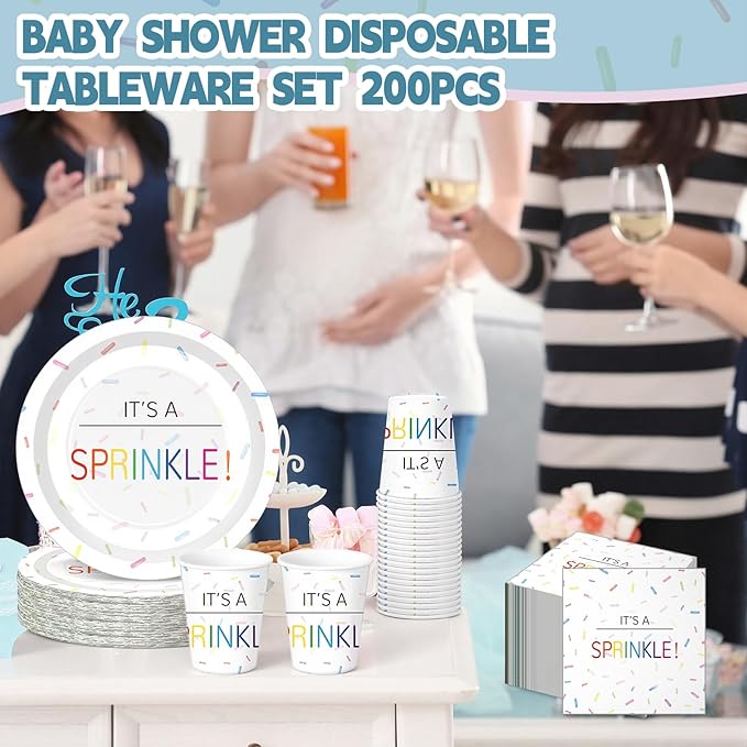 Hushee 200 Pcs It's a Sprinkle Baby Shower Paper Plates Cups Napkins Party Supplies Tableware Set Disposable Cup Napkin for 50 Guest Party Decoration