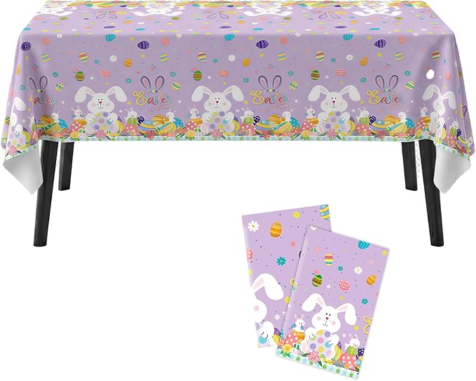 Happy Easter Tablecloth 2 Pack, Bunny Plastic Disposable Tablecloth 54 x 108 Inch, Spring Easter Party Table Cover for Kids Easter Celebration, Holiday Decorations