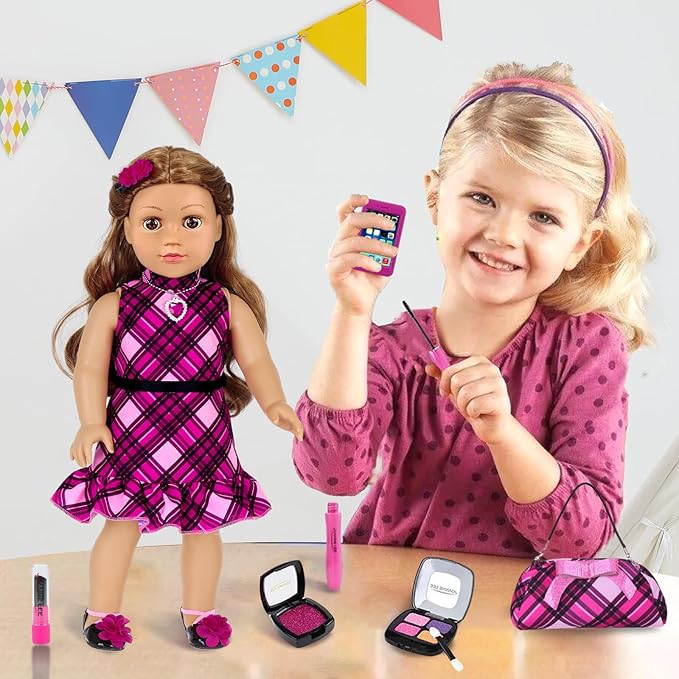 American 18 Inch Dolls Makeup Accessories and Clothes,Fashion Dress Tote Bag for 18" Doll Include Outfits Shoes Cosmetic Toys Stuff Gift for Baby Girl (No Doll)