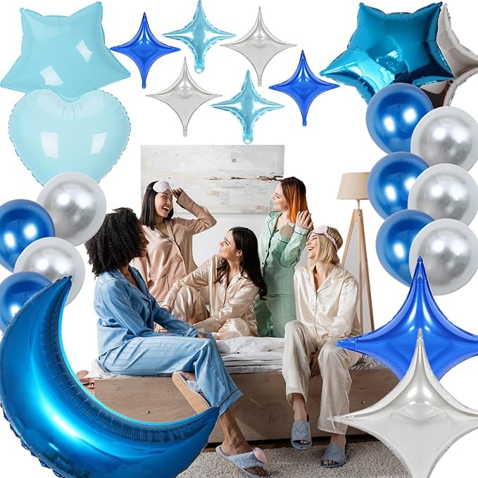 44 Pieces PAJAMA PARTY Balloons Blue Moon Star Heart Aluminum Foil Balloons Silver Latex Balloons for Girls Women Boys Slumber Party Sleepover Birthday Party Spa Party Decoration (Blue)