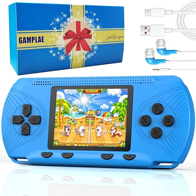 Handheld Game for Kids - Preloaded 258 Retro Video Games & 3 Cartridges, 3.0" HD LCD Screen, Portable Gaming Player with Rechargeable Battery, Birthday Xmas Gift for Boys Girls 4-12, Blue