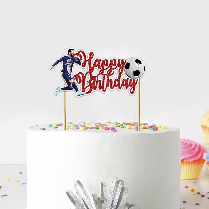 Soccer Football Happy Birthday Cake Topper – Sports Theme Goal Party Cake Decoration, Green Field & Ball Design Birthday Cake Pick for Celebration Supplies