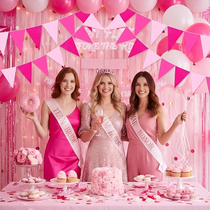 Tiamon 5 Pcs Pink Birthday Banner Decoration Hot Pink Pennant Bunting Garland 49.2 ft Glitter Triangle Flag for Bachelorette Wedding Bridal Shower Anniversary Flamingo Theme Party Supplies
