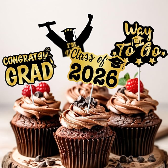 2026 Graduation Cupcake Toppers - 48 Pcs Black Gold Graduation Party Supplies Mini Cake Food/Appetizer Picks For Class of 2026 Graduation Decorations