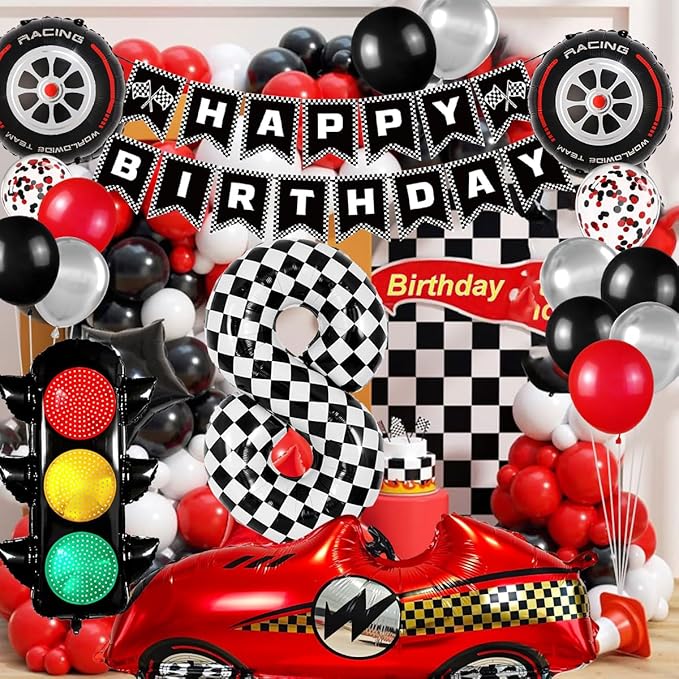 Race Car Birthday Party Decorations, with 40 Inch Number 8 Balloon, Happy Birthday Banner, Traffic Light and Foil Tire Balloon for 8th Car Themed Birthday Party Supplies