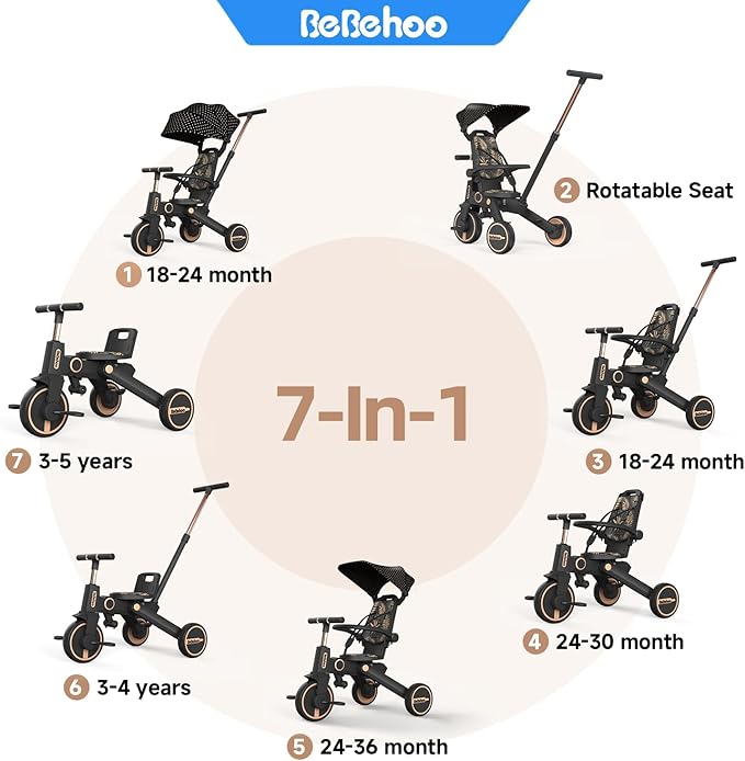 Tricycle Stroller for Toddler,Foldable Baby Tricycle,Kids Balance Bike with Push Handle,Toddlers Stroller Bike with 1 to 5 Years,7-in-1 Push Tricycle Bike for Kids(Gold)