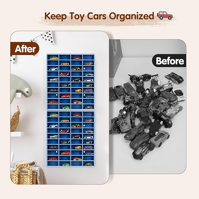 2 Pack Toy Car Display Shelf, Holds 80 Diecast 1/64 Toy Cars, Wall Mount Model Car Storage Organize Case, Blue