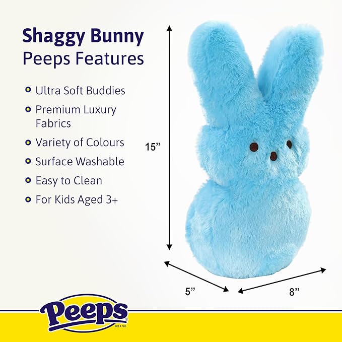 Animal Adventure | 15" Blue Emo Shaggy Bunny Peeps Plush | Easter Basket Stuffed Animals for Kids | Marshmallow Candy | Huggable Ultra Soft Plushie Stuffers Buddy Toy | Collectable Gifts | Aged 3+