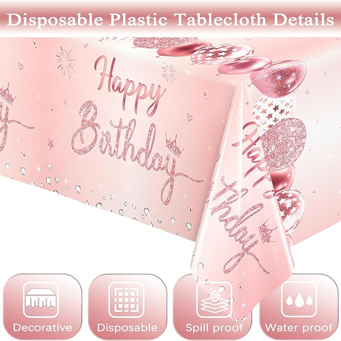 WNINK 2 Pack Pink & Rose Gold Happy Birthday Tablecloths, Disposable Plastic Rectangular Table Covers for 6th 21st 30th 40th 50th Women Girls Birthday Party 54 x 108 Inches