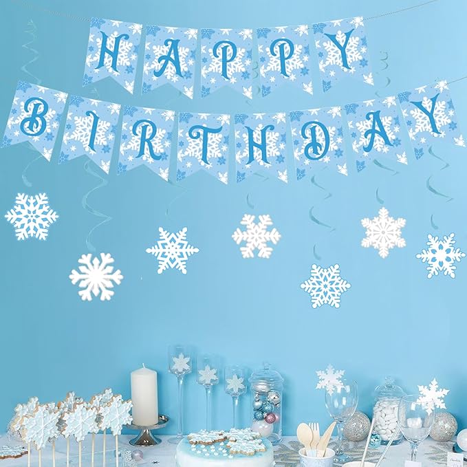 Zwiebeco Blue White Snowflakes Happy Birthday Party Decoration Sign Banner Hanging Paper Swirls for Kids Girls Womens Adults Winter Wonderland Themed Accessories Supplies