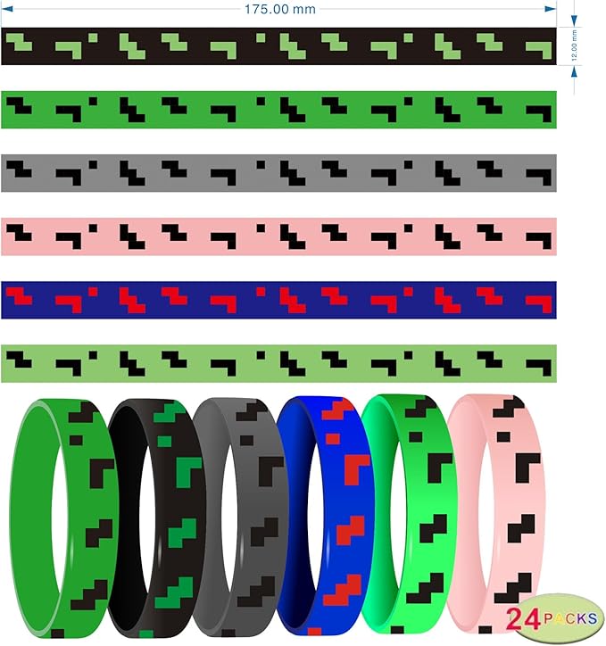 Pixel Theme Party Favors, 24 Pieces Silicone Bracelets Small Size,Birthday Decorations Party Supplies,Mining Goodie Bags Stuffers,Prizes Valentines Day Gifts for Kids Classroom