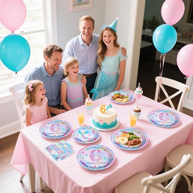 96Pcs Mermaid 6th Birthday Party Decorations for Girls Little Mermaid Plates and Napkins Tableware Sets Under the Sea Theme Decorations for Baby Shower 6 Years old Party Supplies Serves 24