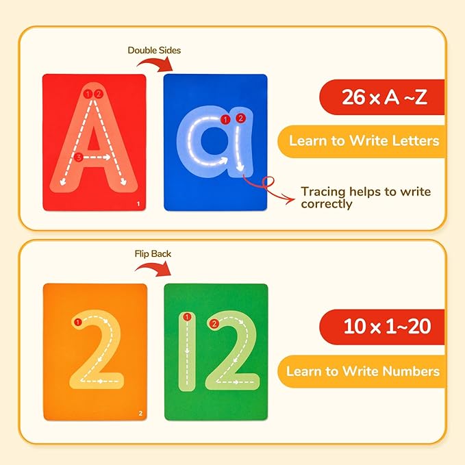 Joycat Magnetic Letter Tracing Board with Cards, Wooden Alphabet & Number Writing Tablet, Mess-Free Pre-Writing for Toddlers 3-5, Travel Activities for Preschool Learning