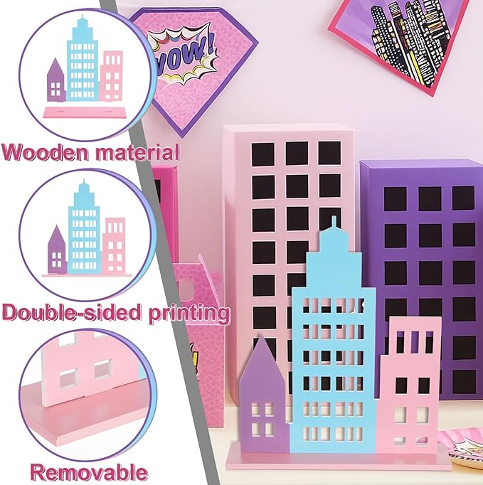 Geelin 6 Pcs Skyscraper Party Decorations Hero Party Decorations New York City Wood NYC Centerpieces City Skyline Building Decor for Comic Birthday Favors Supplies(Hollow Style,Pastel Color)