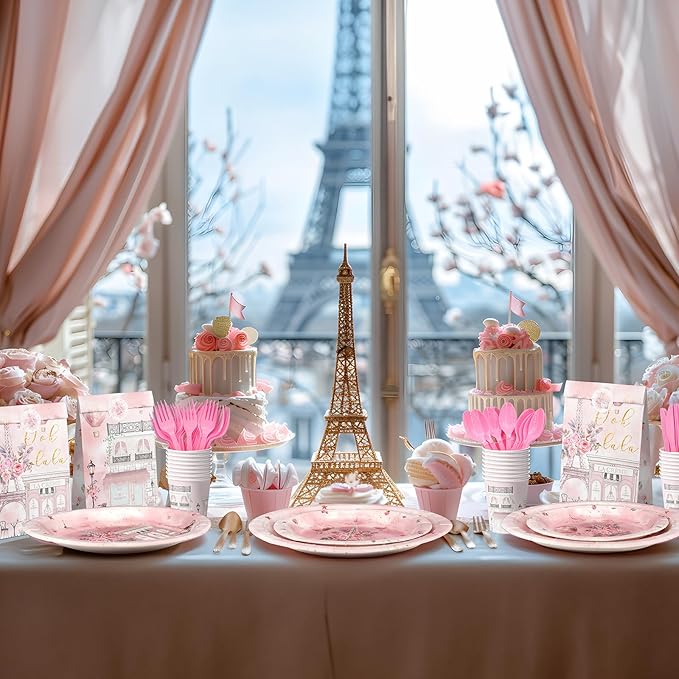 Paris Party Decorations Set - Chic Parisian Party Plates, Cups, Napkins, and Cutlery for a Magical Celebration - Elegant and Disposable Paris Party Supplies for Birthdays and Events