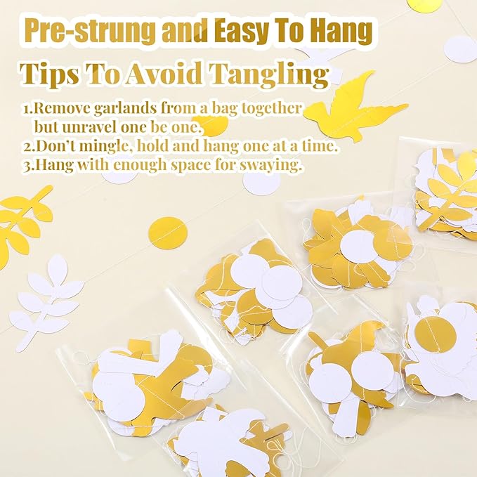 Frienda 8 Pcs Baptism Cross and Dove Garland Banner Christening God Bless Hanging Banners Decoration First Holy Communion Baby Shower Garlands Gold and White Christain Wedding Birthday Party Supplies