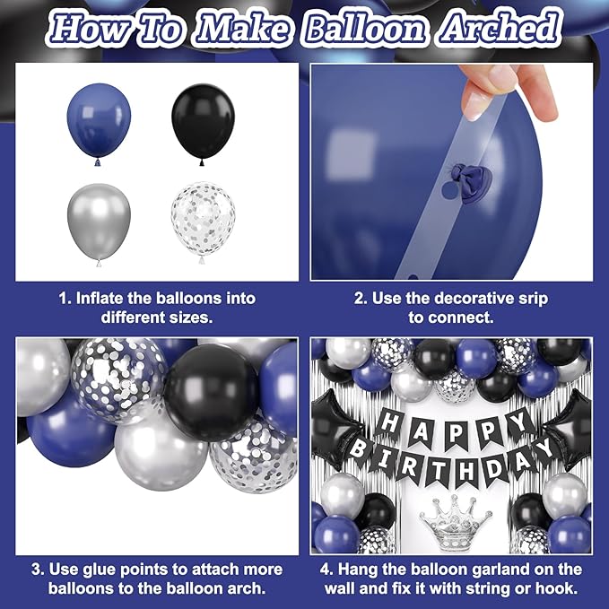 Navy Blue and Black Happy Birthday Decorations for Men, Birthday Decorations Supplies with Blue Black Balloon Banner Fringe Curtains Foil Balloons Cake Topper for Men Boys Party Decor