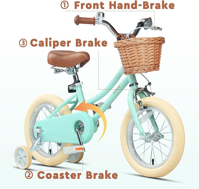 Petimini Vintage Kids Bike for Girls, 12–20 Inch Classic Bicycle with Wicker Basket & Bell, High Tensile Steel Frame, Training Wheels (12–18”), 85% Pre-Assembled, Retro Bike for Outdoor Riding