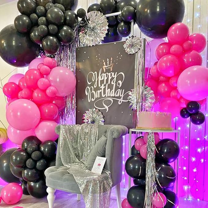 Pink and Black Balloons, 60PCS 12 Inch Hot Pink and Black Balloon Rose Gold Confetti Balloons for Hot Girls Women Birthday Party Baby Bridal Shower Party Decorations