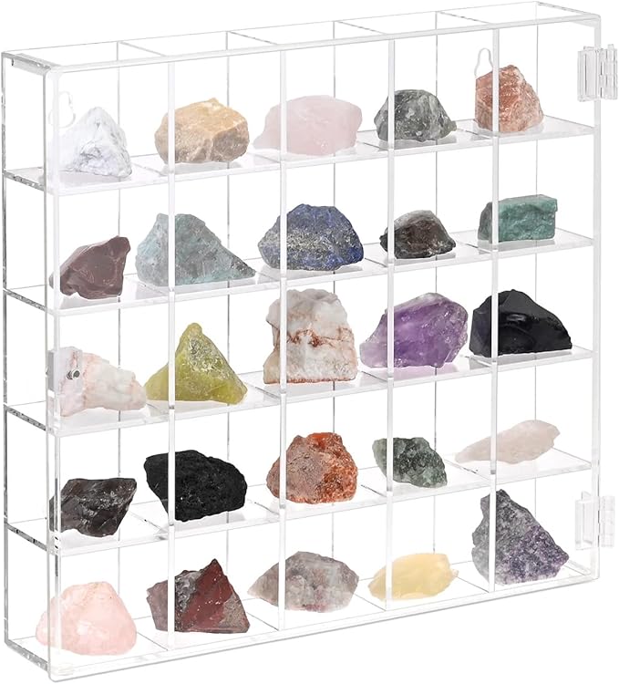 Ikee Design Premium Acrylic Collection 25 Compartments Display Case with Magnets Door, Wall-Mounted Storage Organizer Rack for Small Pop Figure, Doll and Gemstones, Compartment: 2 W x 1.8D x 2H in