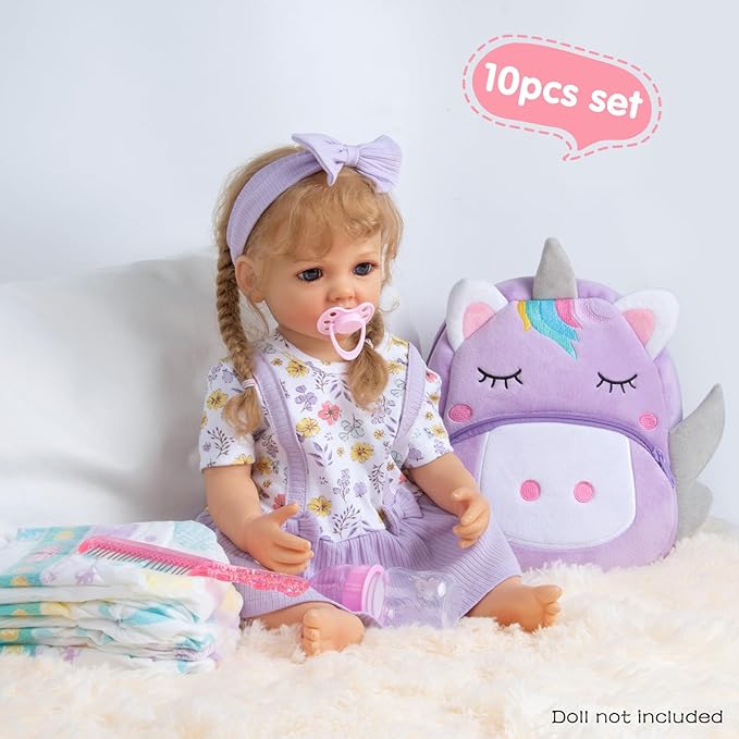 10 Pcs Reborn Baby Doll Clothes Accessories Set Fit 17-22 Inch Realistic Baby Dolls, Reborn Doll Clothes with Purple Unicorn Backpack Magnetic Pacifier & Headband Girl