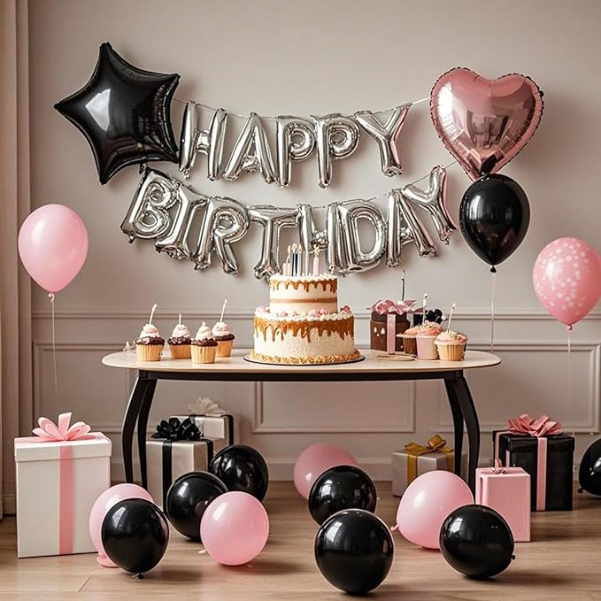 27 Pcs Pink Silver Black Birthday Decorations, 3D Letters Multi Color Happy Birthday Balloon Banner, Pentagram Heart Foil Balloons Confetti Balloons Kit For Boys Girls Party Supplies