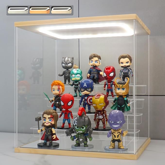 Clear Acrylic Display Case with Light 5 Tier Display Storage Box Assembly Dustproof Showcase for Collectibles Action Figures(Wood, 12.0*10.8*12.5inch)