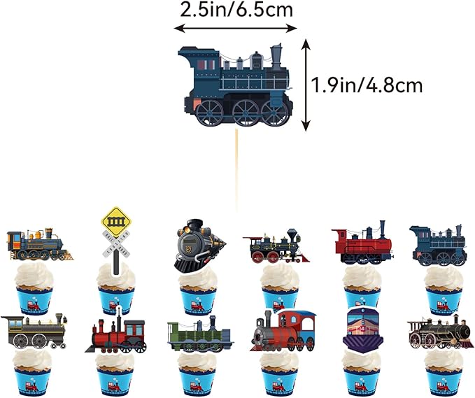 Retro Train Birthday Party Supplies - Includes Train Happy Birthday Banner, Cake Topper, Cupcake Toppers, Balloons for Vehicle Party Decorations