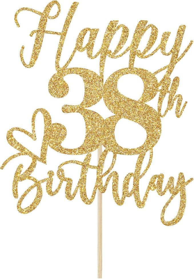 Happy 38th Birthday Cake Topper, 38th Birthday Decorations, Cheers to 38 Years, 38 Happy Birthday Party Supplies Gold Glitter
