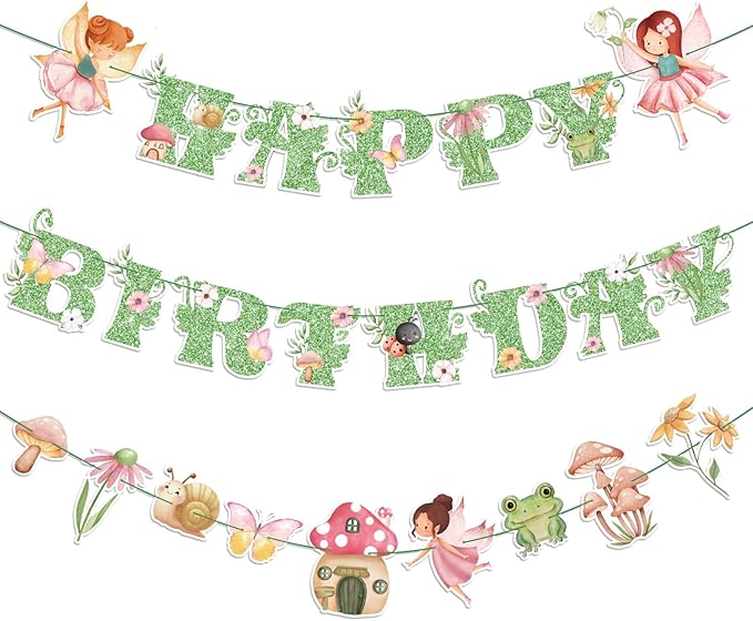 3 Pcs Fairy Birthday Party Decorations Green Glitter Happy Birthday Banner Colorful Hanging Decor Funny Banner Cutout Garland for Themed Decorations Bridal Shower Garden Party Supplies