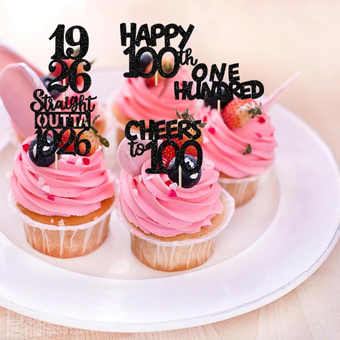 30PCS Black 100th Birthday Cupcake Toppers Glitter One Hundred Years 100 Fabulous Happy 100 Straight Outta 1926 Cupcake Picks for 100th Birthday Anniversary Party Cake Decorations Supplies