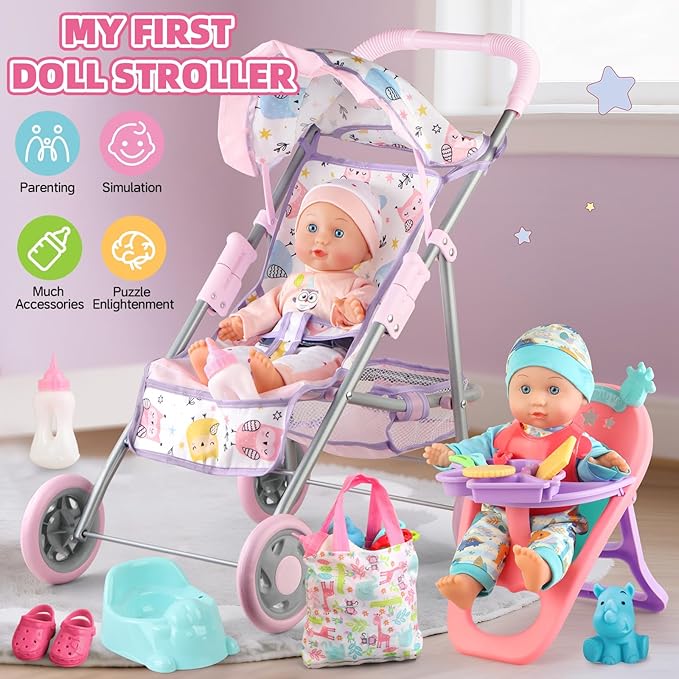 Baby Doll Stroller Play Set with 12.5" Baby Doll,Dining Chair, 2 Sets Clothes and 20 PCS Doll Accessories. Stroller Toy for 3, 4, 5, 6 Year Old Toddler Girls for Realistic Pretend Play.