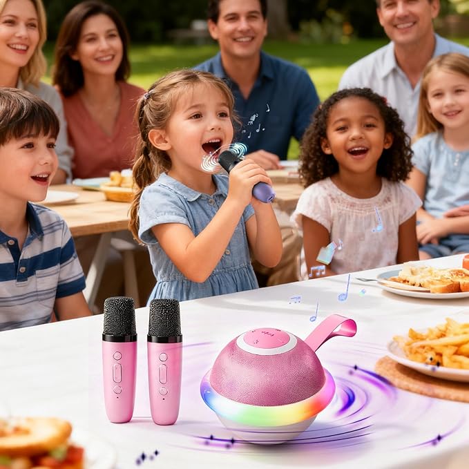 Mini Karaoke Machine for Kids with 2 Wireless Microphones, Portable Bluetooth Speaker Gift for Girls Toys 4, 5, 6, 7, 8, 9, 10, 12+ Years, LED Lights Chritmas Birthday Festival for Party, Home(Pink)