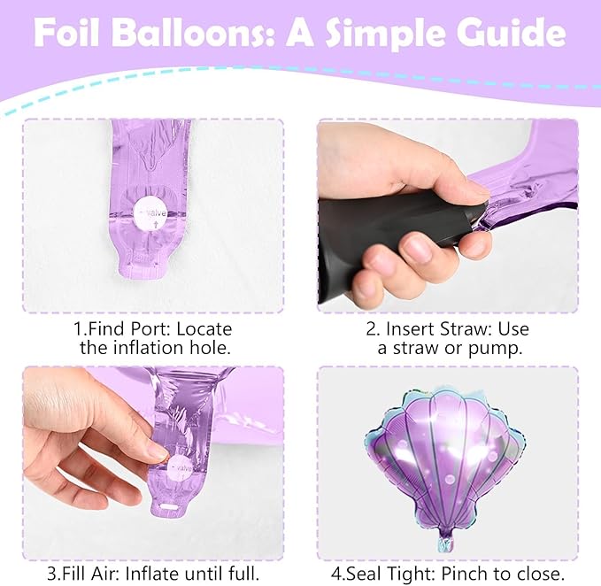 Mermaid Balloons, Macaron Pink Purple Green Metallic Balloons with Seashell Balloon for Girl Birthday Party Decorations Sea Theme Baby Shower Party Backdrop Supplies