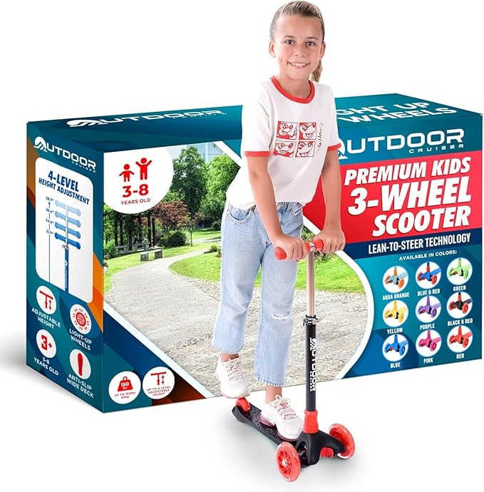 Outdoor Cruiser 3-Wheel Kids Scooter – with Lean-to-Steer Technology, Led Lighted Wheel, 4-Level Adjustable Height T-bar Handle, Support Kids Up to 150 Lbs, for Boys & Girls Ages 3-8, Black and Red