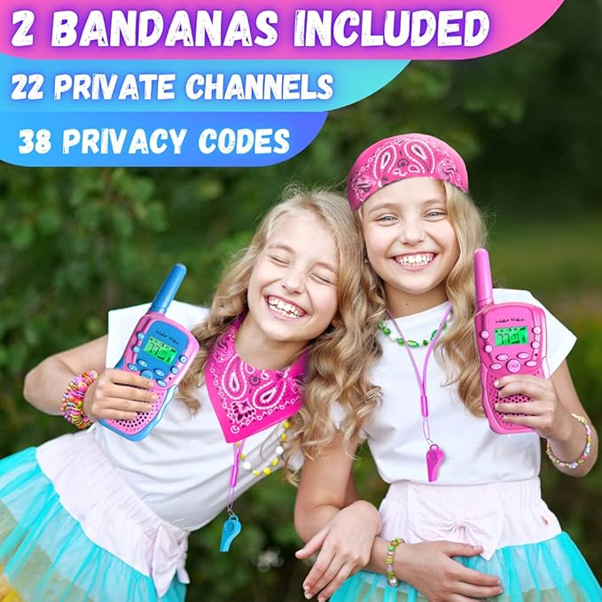 Waka Waka Walkie Talkies for Kids (2 Pack, Pink and Light Blue) — Long Range Two-Way Walkie Talkie Set with Bandanas and Whistles Included — Great for Indoor or Outdoor Play — Gift for Boys and Girls