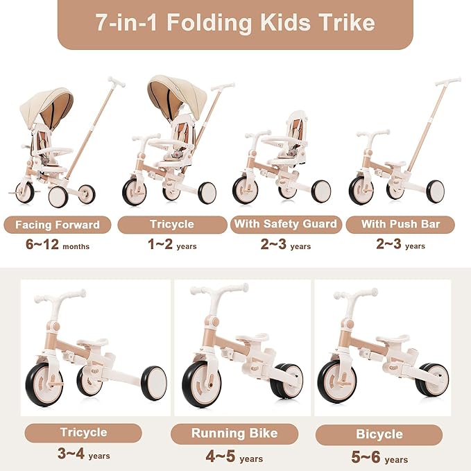 7-in-1 Baby Tricycle with Adjustable Parent Handle - Foldable Toddler Bike w/Removable Canopy & Guardrail, Aluminum Alloy Frame Stroller Bike for 1-6 Years Old (12-72 Months) (Light Brown)