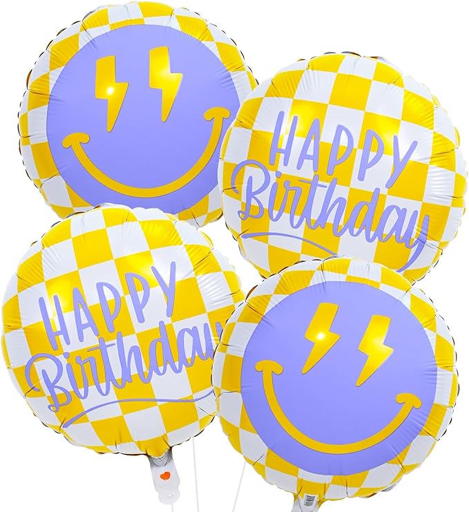 18 Inch Smile Face Birthday Foil Balloons, Yellow White Checkered Smile Face with Lightning Eyes Mylar Helium Round Balloon for Teen Boys Girls One Happy Great Dude Birthday Preppy Party Decorations