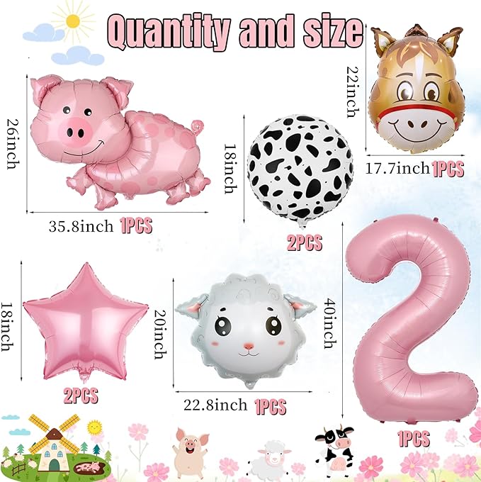 19 PCS Farm Animal Theme Party Balloons, Farm Cow Print Sheep Pig Donkey Mylar Foil Balloons Baby Shower Boy Girl 2nd Birthday Party Decor Supplies (2nd)