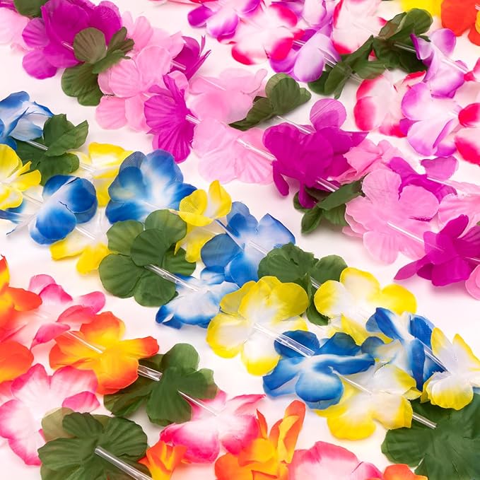 Moon Boat 60 Pieces Hawaiian Luau Leis - Tropical Tiki Hibiscus Flowers for Summer Pool Party Favors Supplies Decorations - 10 Styles