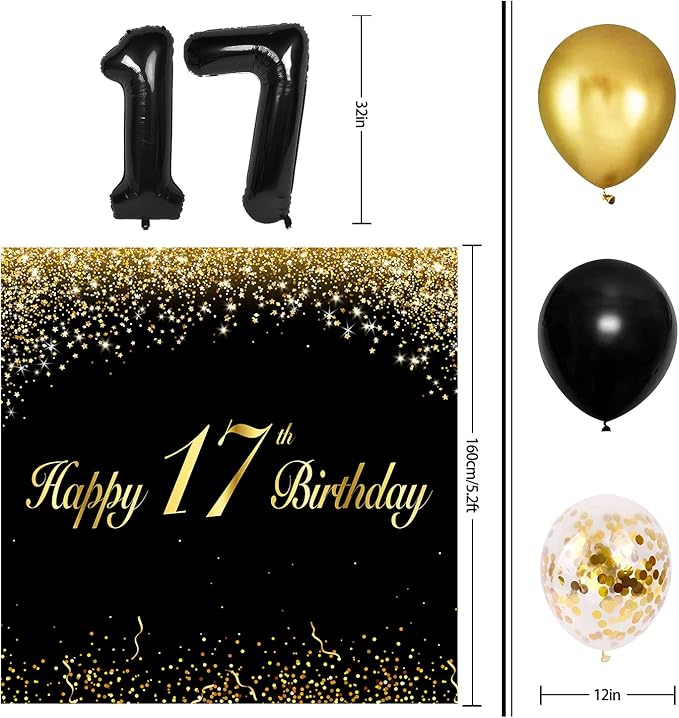 Happy 17th Birthday Balloons Black Set Decor - Cheers to 17 Years Old Party Theme Garland Banner Backdrop Decorations For Boy and Girl Supplies