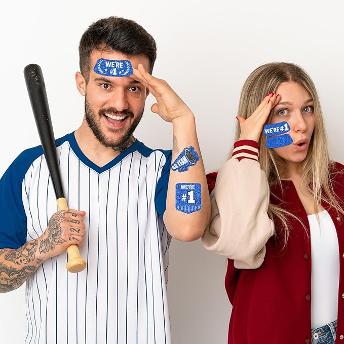 Gameza Blue Face Glitter Eye Black Stickers, 36PCS Football Baseball Eye Stickers, Breathable Softball Sticker Party Favors for Lacrosse Fans, Blue Accessories for Spirit Week (Glitter)